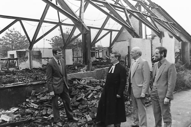 The Reverend Jim Harrison with elders Alex Simms, Jim Ferguson and Alan Ince inspect the remains of Craigavon Presbyterian Church which was destroyed by fire in October 1987. Offers of help and encouragement flooded in for the congregation after their church was destroyed in what was labelled a "malicious" fire. The congregation gathered in a hastily built marquee besides the shell of the church for the Sunday morning service. The Rev Harrison said: "It was a tight squeeze, but we were able to seat everyone." Picture: News Letter archives