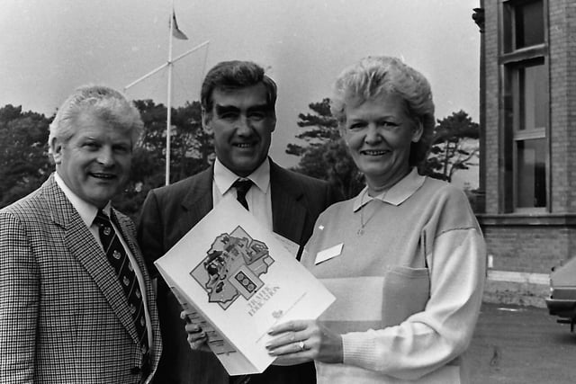 Mr Ronnie Trouton, centre, Chief Road Safety Officer, Northern Ireland, Mr Mike Read, director of the Road Safety Council, and Mrs Pat Tombe, secretary Newtownabbey Road Safety Committee, pictured at the 25th annual congress of the Road Safety Council of Northern Ireland in October 1987