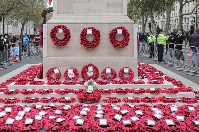 Wreaths laid at the Cenotaph following the Remembrance Sunday service in Whitehall, London. PA Photo. Picture date: Sunday November 8, 2020. See PA story MEMORIAL Remembrance. Photo credit should read: Aaron Chown/PA Wire