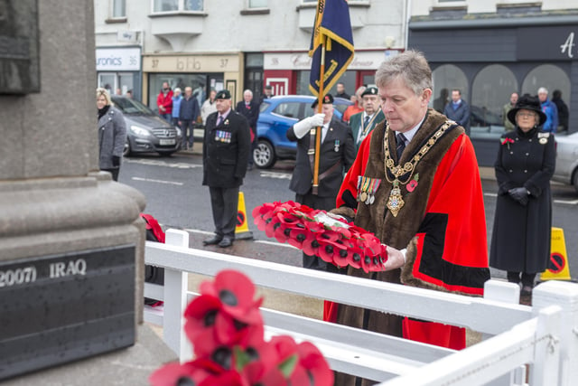 Mayor of Causeway Coast and Glens Borough Council Cllr Mark Fielding lays a wreath in Portstewart on Remembrance Sunday.Pic Steven McAuley/McAuley Multimedia