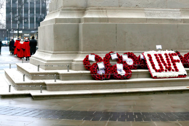 A short and socially distanced service was held today at Belfast City Hall to mark Remembrance Sunday. Lord Mayor of Belfast Alderman Frank McCoubrey laid a wreath at the Cenotaph and a two minute silence was observed. 
Photo Pacemaker Press