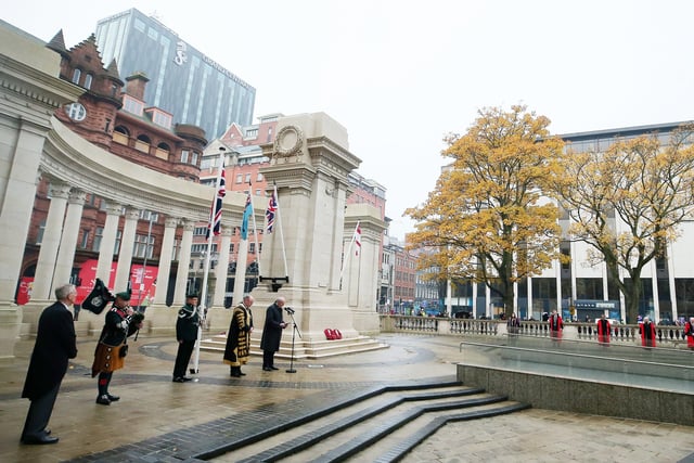 Lord Mayor of Belfast Alderman Frank McCoubrey lays a wreath at the Cenotaph at Belfast City Hall to mark Armistice Day and Remembrance Sunday.  The service was scaled back this year due to COVID-19 restrictions. 

Picture by Jonathan Porter/PressEye