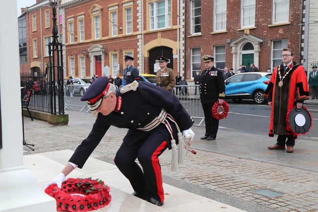 Lord Lieutenant for County Antrim Mr. David McCorkill laying a wreath on behalf of Her Majesty the Queen. Pic by Norman Briggs, rnbphotographyni