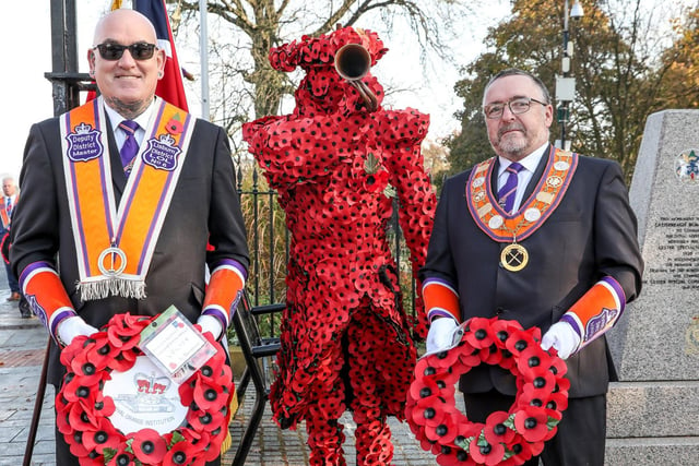 Deputy District Master Paul Graham amd District Master Stephen Law lay wreaths at the Lisburn District No 6 Remembrance Service on Saturday November 7. Pic by Norman Briggs, rnbphotographyni