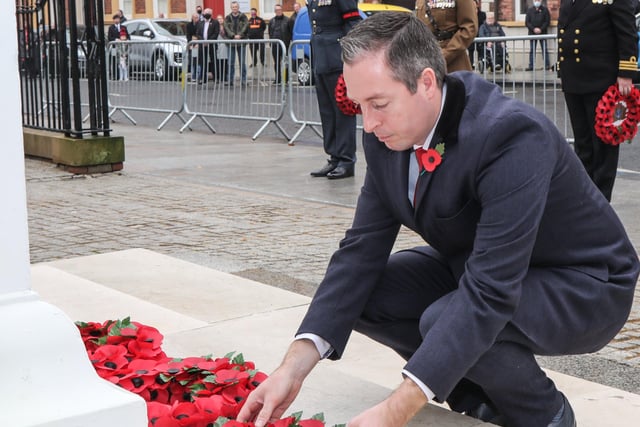 Paul Givan MLA laying a wreath on behalf of Sir Jeffrey Donaldson MP. Pic by Norman Briggs, rnbphotographyni