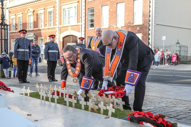 District Master Stephen Law and Deputy Master Paul Graham lay wreaths at the Lisburn District No 6 Remembrance Service on Saturday November 7. Pic by Norman Briggs, rnbphotographyni