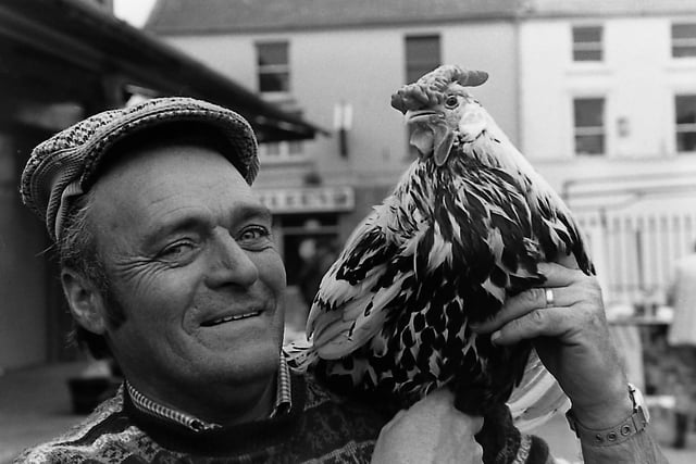 There was a lot more to the seventh annual Dromore Horse Fair which was held in the Co Down town in October 1989 than Clydesdales and the like. Poultry specialist Alfie Weir from Banbridge, Co Down, brought along this inscrutable Silver Laced Hamburg rooster for be sold at the fair. Picture: Trevor Dickson/News Letter archives