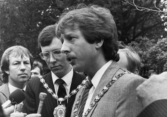 Pictured in October 1986 is the Lord Mayor of Belfast, Sammy Wilson, reading a letter of protest against the Anglo-Eire conference in Dublin. He is supported by Castlereagh mayor and DUP leader Peter Robinson. Picture: News Letter archives