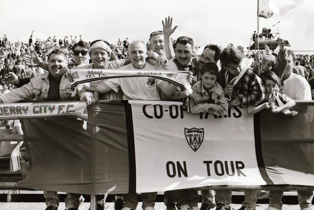 Recognise anyone? Some of the drivers from Co-op taxis lending their support to Derry City at the 1994/95 FAI Cup showpiece in Dublin.