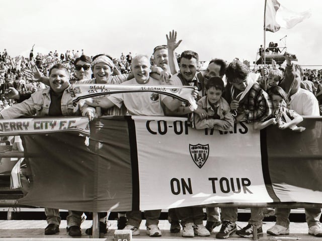 Recognise anyone? Some of the drivers from Co-op taxis lending their support to Derry City at the 1994/95 FAI Cup showpiece in Dublin.