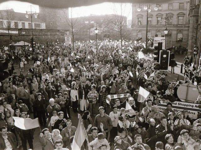 Recognise anyone? Thousands of fans turn out to greet the successful Derry City team who arrived back at Guildhall Square to a heroes welcome.