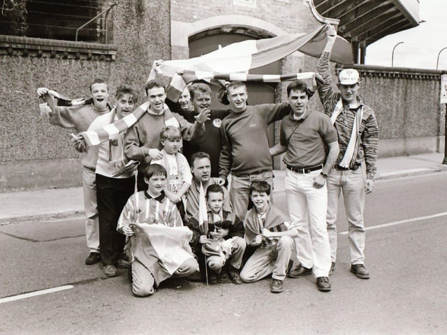 Recognise anyone? A section of the Derry City supporters who made the trip to Dublin to watch the Candy Stripes lift the trophy.