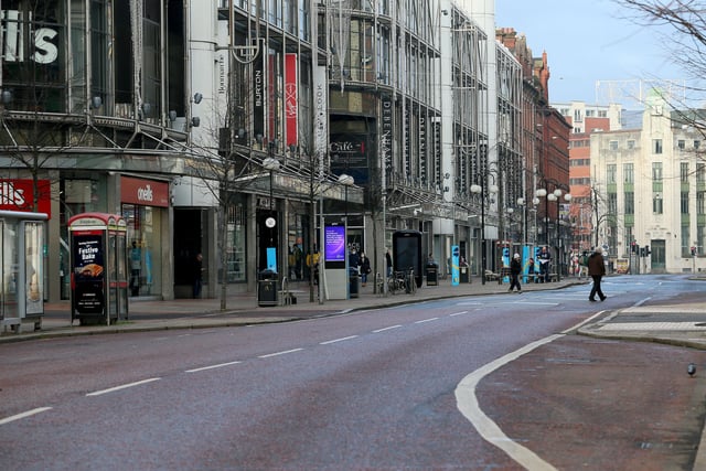 A quiet Belfast City Centre today as most shops remain shut as part of the two week lockdown agreed by the N.I. Executive to reduce the number of coronavirus cases. Non-essential retail and some parts of hospitality will reopen on Friday. 
Photo Pacemaker Press