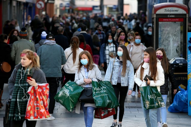 Shoppers in Belfast City Centre today ahead of a new 2 week lockdown on Friday which will see all non-essential retail close, as well as close contact services and cafes. 
Photo Pacemaker Press