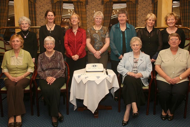 Members of the Magheramason WI, at the special dinner in the Broomhill Hotel, Londonderry, to mark the WI's 50th anniversary.  Included from left (seated) are Helen Walker, secretary, Catherine Kincaid, president, Lorna McNeely, vice-president and Frances Henderson, treasurer.  Back row, May McCrea, Ann Hillen, Iris Smyth, Audrey Robinson, Jean Walker, Joan Turnbull and Sally Thompson.  LS46-537MT.