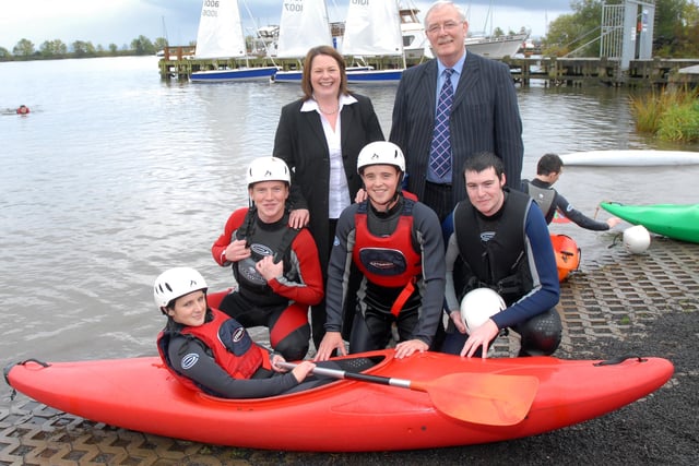 Cookstown Council chief executive Michael McGuckin, with Minister for Agriculture and Rural Development Michelle Gildernew and some of the young people who enjoy the facilities at Ballyronan Marina, when they attended the re-opening of the Ballyronan Marina and Caravan Park, after extensive improvements.mm4107-105ar.