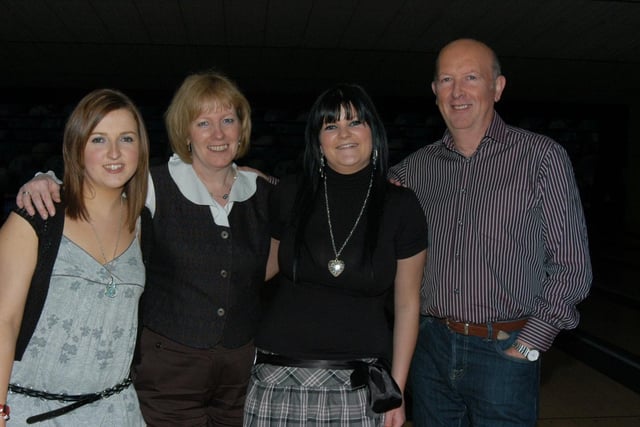 Suzanne McCormick, Sharon Curry, Asrum McClean and John McClean (owner of Texaco Drumahoe), pictured at their Christmas party at the Bowling Alley. 1512Ap67