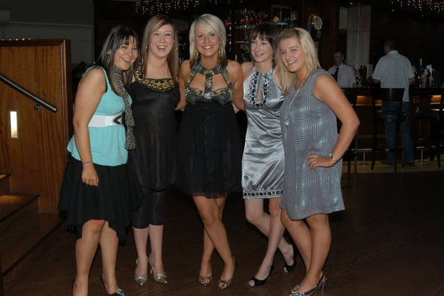 The ladies from Boots in Foyleside, Claire McLaughlin, Roisin McCallion, Jacqueline Burke, Michelle Quinn and Lisa McCracken at their staff party in Pitchers. 0812Ap94