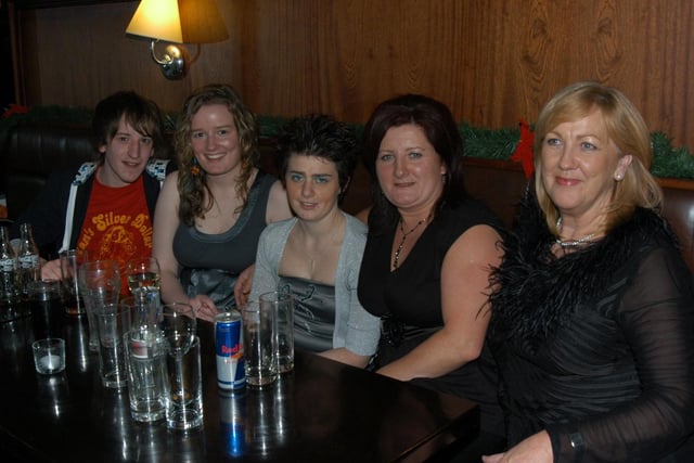 Staff from Boots in Foyleside pictured at their Christmas party in Pitchers.  Left to right are: Kyle Ruddy, Helen McCartney, Caroline Quigley, Majella McDermott and Rosaleen Concannon. 0812Ap97