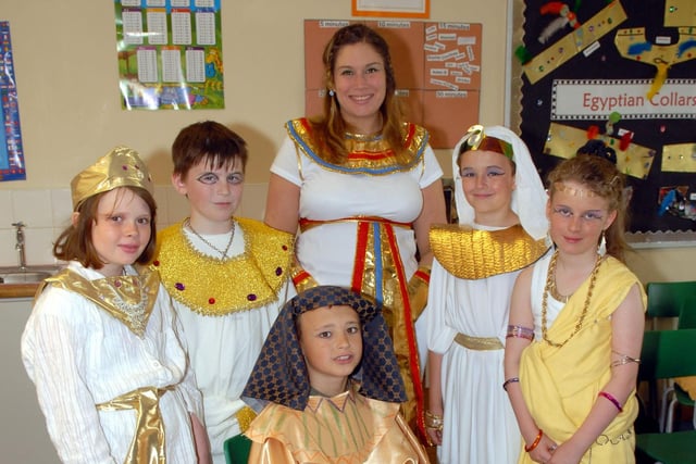 Bleary Primary School teacher Mrs Nicola Hawthorne and some of the P5 and P6 pupils who looked the part for the Egyption Day in their class in 2007