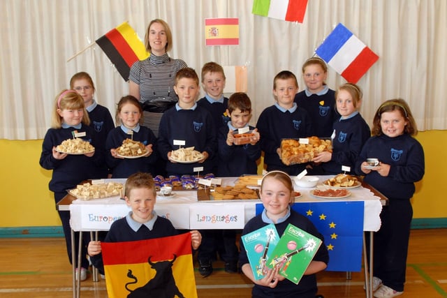Miss Martina Polland teacher and children at St Patricks Primary School, Aghagallon with a selection of food from different countries as part of the European Day of Languages events at the school in 2007