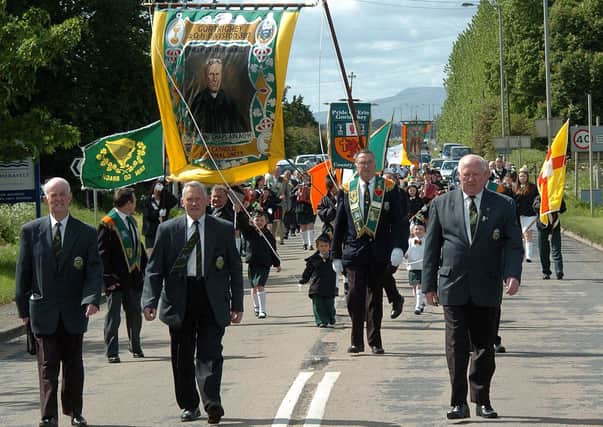 Leading the way at the  annual AOH Church Parade held in Toome last Sunday afternoon.mm22-383sr