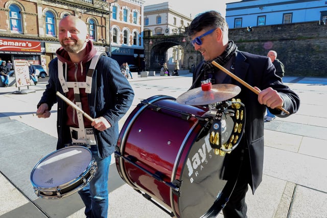 Silvester van Rijckevorel and Rob Hardy, from the Jaydee Brass Band perform in Guildhall Square during the 2015 City of Derry Jazz Festival. Photo: George Sweeney / Derry Journal.