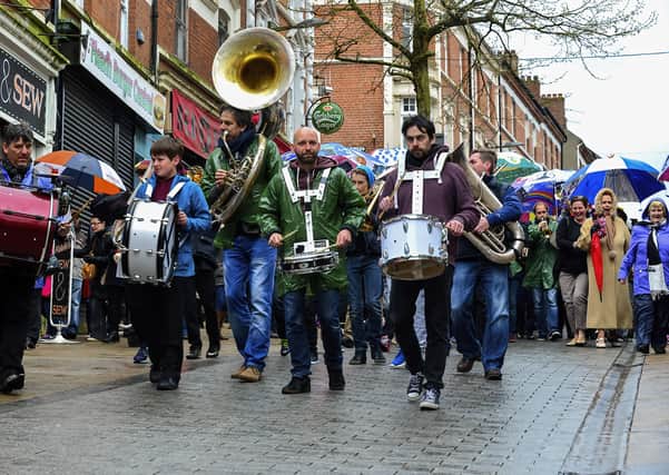 The Dutch Jaydee Brass Band lead a New Orleans style 2nd Line Procession, along Waterloo Street during the 2015 City of Derry Jazz Festival. Photo: George Sweeney / Derry Journal.