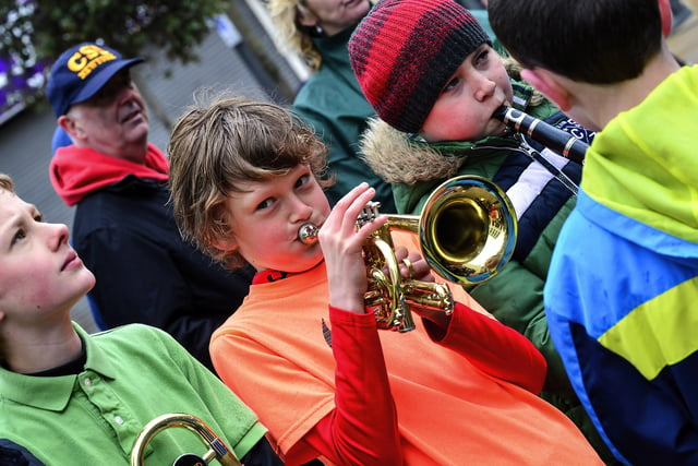 A young musician plays a trumpet at the 2015 City of Derry Jazz Festival. Photo: George Sweeney / Derry Journal.