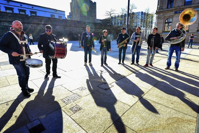 The Jaydee Brass Band, from the Netherlands, perform in Guildhall Square during the 2015 City of Derry Jazz Festival. Photo: George Sweeney / Derry Journal.