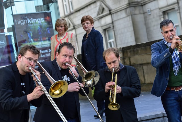 Sam Thomas, Eeico van Velzen, Daan Bogers and Joep Habraken, from the Jaydee Brass Band, perform in the city centre during the 2015 City of Derry Jazz Festival. Photo: George Sweeney / Derry Journal.