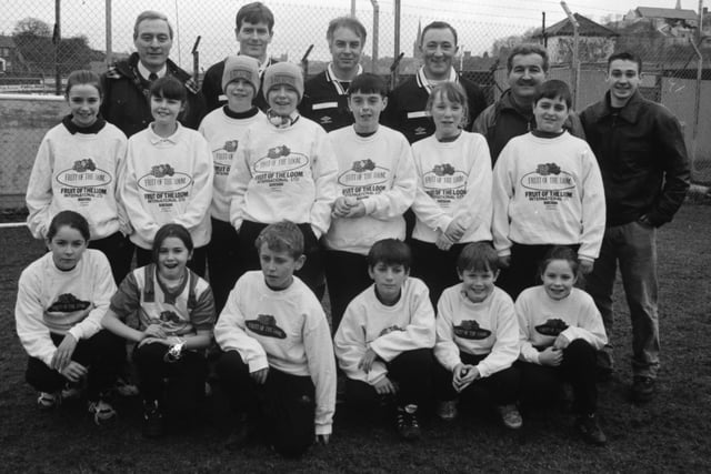 Derry City mascots pose for the camera before a Premier Division match at Brandywell in February 1996.