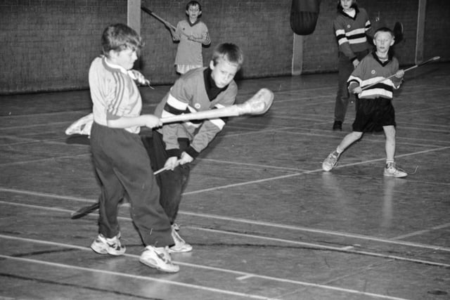 Action from the Indoor Hurling blitz at Templemore Sports Complex in February 1996.