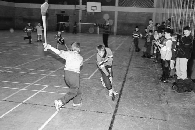 Action from the Indoor Hurling Blitz at Templemore Sports Complex in February 1996.