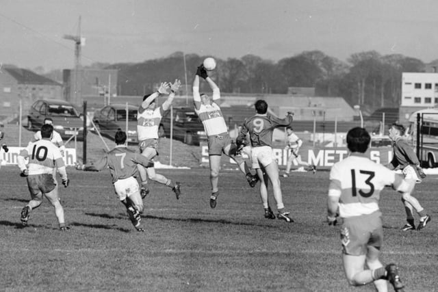 High fielding action from Derry's Celtic Park meeting with Meath back in February 1996.