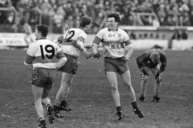 Joe Brolly celebrates during Derry's league meeting with Meath in Celtic Park back in February 1996.