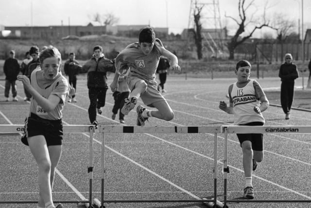 Young athletes compete in the 110m Hurdles at the Ulster Indoor Ahtletics Championship at Templemore.