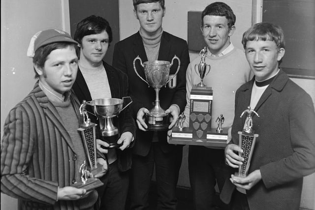 1969... Award winners at the Long Tower Boys' Club prize-giving function. From left are Paddy Nolan, Sean Walker, Brendan Moore, Gerry Clarke and John Doherty.
