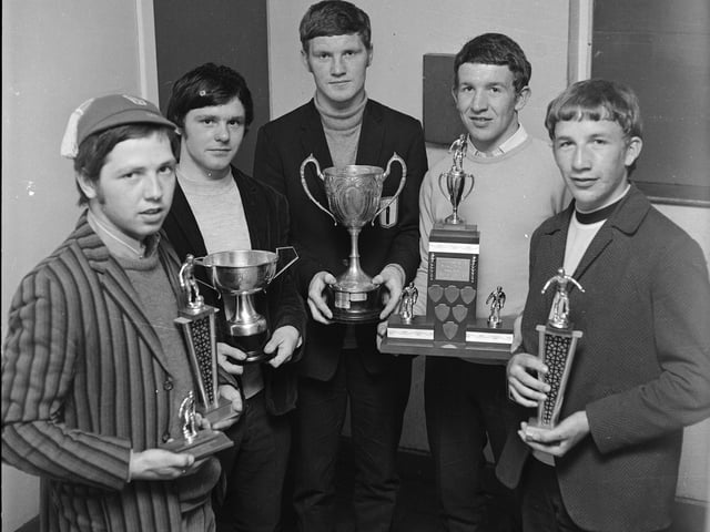 1969... Award winners at the Long Tower Boys' Club prize-giving function. From left are Paddy Nolan, Sean Walker, Brendan Moore, Gerry Clarke and John Doherty.