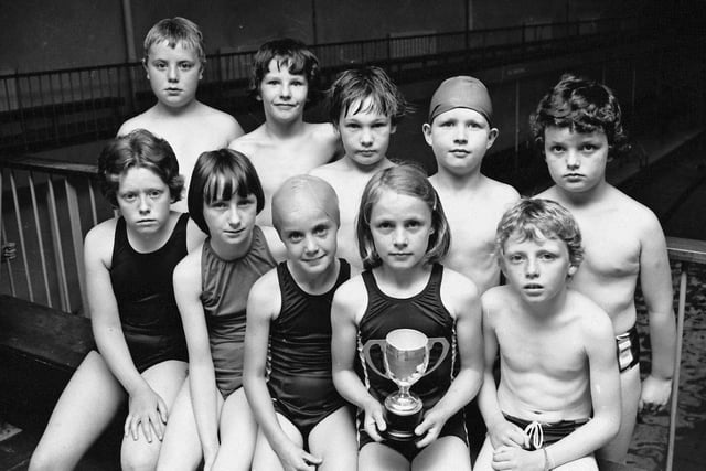 1977... City of Derry swimmers who were winners of Group A of the Provincial Towns Swimming League. At front, are, Jacqueline McLaughlin, Margaret Gallagher, Sharon Doherty, Cliodha O'Carolan and Jim McAnee. At back are Paul Quinnell, Glenn Cooley, Darren Atkinson, Kevin McKane and Brian Kelly.