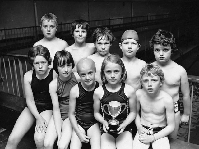 1977... City of Derry swimmers who were winners of Group A of the Provincial Towns Swimming League. At front, are, Jacqueline McLaughlin, Margaret Gallagher, Sharon Doherty, Cliodha O'Carolan and Jim McAnee. At back are Paul Quinnell, Glenn Cooley, Darren Atkinson, Kevin McKane and Brian Kelly.