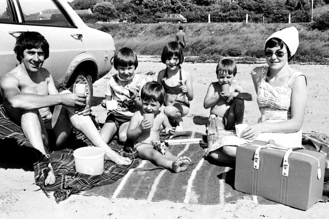 1977... Enjoying a family picnic on the beach at Lisfannon, Co. Donegal, are Seamus and Kathleen McDaid and their children, Brian, Trevor, Sharon and Colin, from Strabane.