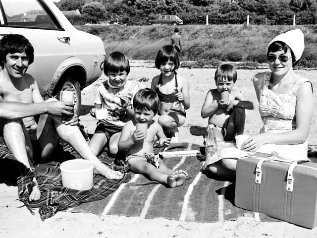 1977... Enjoying a family picnic on the beach at Lisfannon, Co. Donegal, are Seamus and Kathleen McDaid and their children, Brian, Trevor, Sharon and Colin, from Strabane.