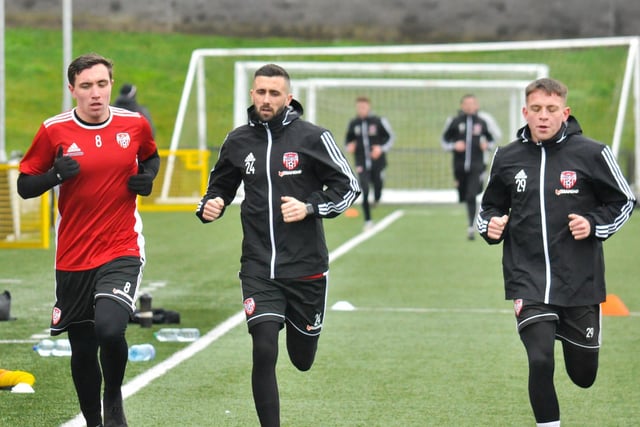 Joe Thomson, Danny Lafferty and Jack Malone being put through their paces during Derry City's first pre-season session. Picture courtesy Event Images & Video