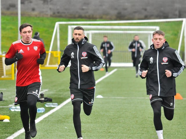 Joe Thomson, Danny Lafferty and Jack Malone being put through their paces during Derry City's first pre-season session. Picture courtesy Event Images & Video