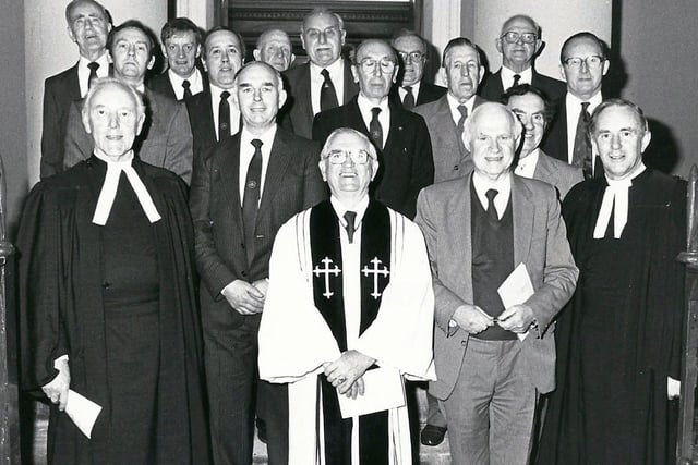 Members of First Portadown Boys' Brigade Old Boys' Association and officials from Thomas Street Methodist Church pictured at the dedication service of new front and side doors in 1989 to commerate the Association's 50th anniversary. Also pictured is the Rev. Cecil Newell (Portadown Methodist Circuit Superintendent and  President, Old Boys' Association), Pastor David Burrows (Guest Preacher, 50th Anniversary Service), Mr. Cecil Callaghan (doors architect) and the Rev. Winston Good