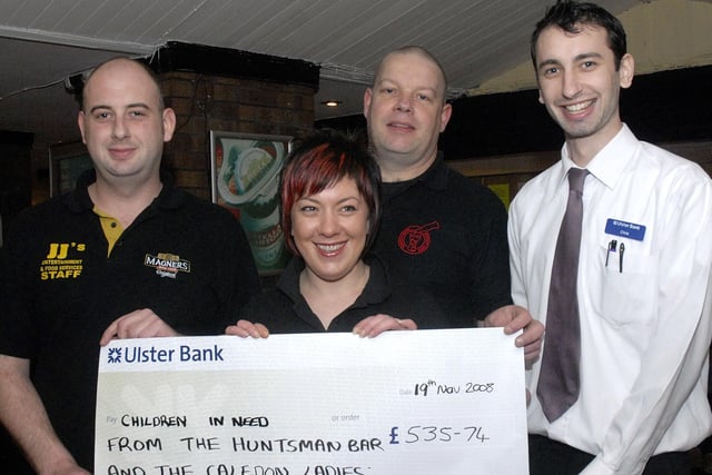 £535 was raised for Children in Need through various events at the Huntsman Inn, Tandragee in 2008, including a special Children In Need Night and a Hallowe'en Ball which was organised by Caledon Ladies. Pictured at the presentation of the cheque are form left, Huntsman staff, Jeff Hurst, manager, Ann Nelson, office manager and Paul Humphries, barman, and  Christopher Brown of Ulster Bank, Tandragee, who accepted the cheque on behalf of Children In Need
