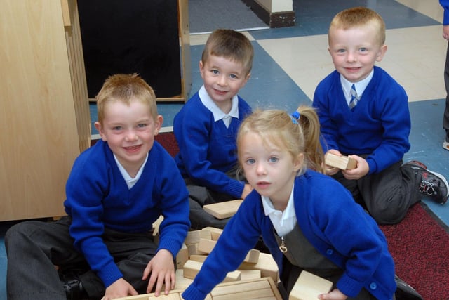 Playing with blocks at St Mary's Primary School, Derrytrasna in 2007 are Pearse McDowell, Sean Aldridge, Conal McCann and Cliodhna Doyle
