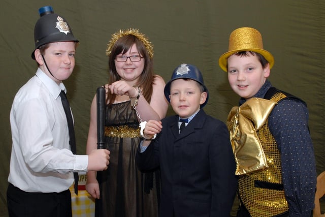 Daniel Moylett, Britony Kelly, Richard Hall and Rhys Lilburn pratice for their parts in the Donacloney Primary School Christmas show in 2008