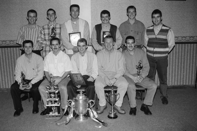 Derry City FC players Paul McLaughlin and Paul Curran at the Clifton Villa FC annual prizegiving. Seated, from left, are Leo Concannon, David Harkin, Gerald Dunlop and Peter Irwin. Standing are Paul Logue, Stephen McCallion, Matthew Plummer, Sean McLaughlin and Paul Taggart.